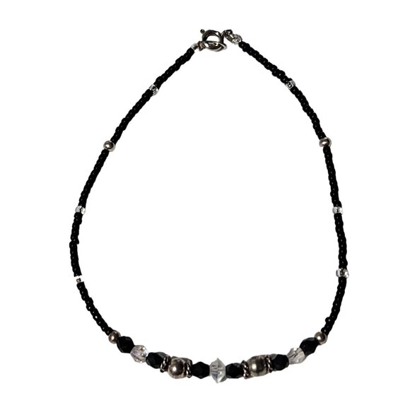Elegant Handmade Black Silver Beaded Choker Necklace Crystal Accents Fashion - Picture 1 of 3